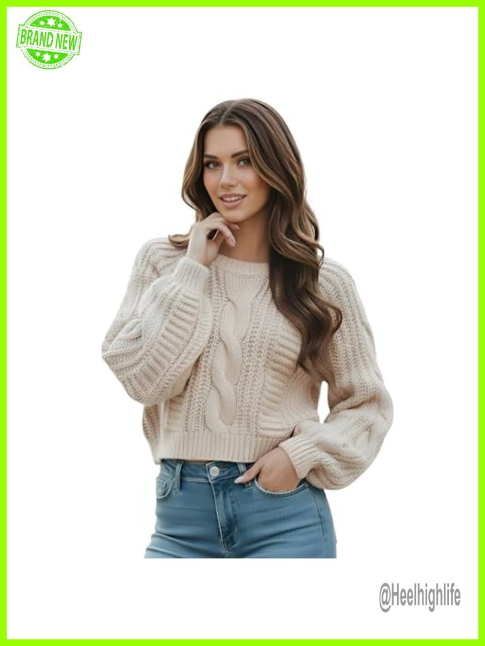 Cropped Cable Knit Sweater Long Sleeve Crew Neck Pullover